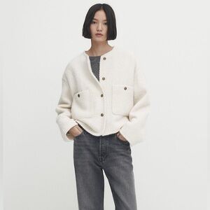 MASSIMO DUTTI WOOL ALPACA BOUCLE CROPPED JACKET ELEGANT OFFICE Cream XS